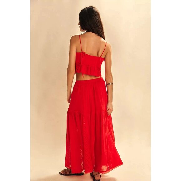 Free People Free-est Aimee Maxi Skirt Sheer Lace Tiered High Rise Red S 283580 - Picture 3 of 8